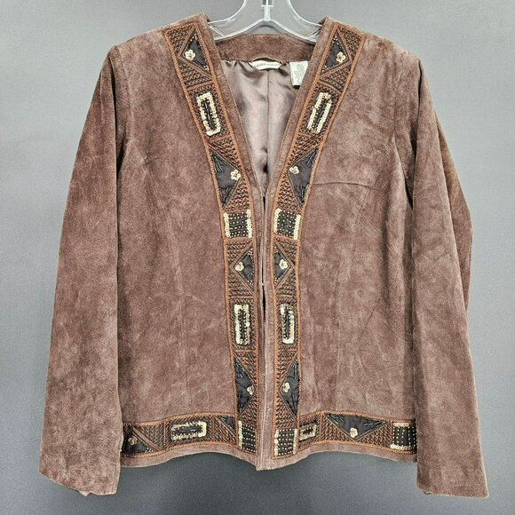 Laura Ashley Nubuck Leather Blazer Jacket L Brown Beaded Sequin Embroidered New - Picture 1 of 13